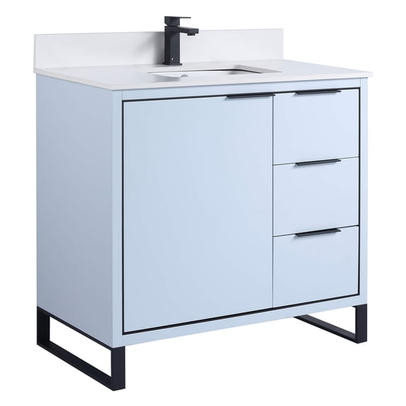Fine Fixtures Opulence Collection 36 in. W x 18 in. D x 33 in. H Bathroom Vanity in Pastel Blue with White Matte Sintered Stone Sink - Black hardware