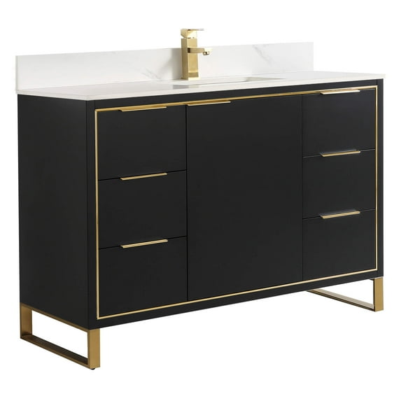Fine Fixtures Opulence Collection 48 in. W x 20 in. D x 33 in. H Bathroom Vanity in Black Matte with White Matte Sintered Stone Sink - Satin Brass hardware