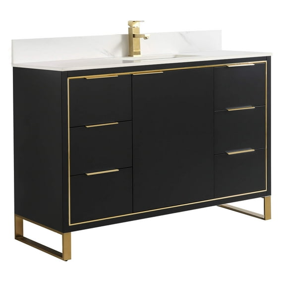 Fine Fixtures Opulence Collection 48 in. W x 20 in. D x 33 in. H Bathroom Vanity in Black Matte with White Carrara Sintered Stone Sink - Satin Brass hardware