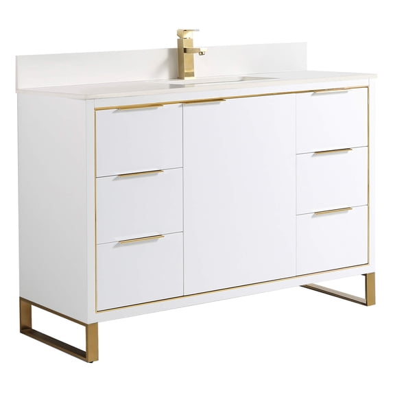 Fine Fixtures Opulence Collection 48 in. W x 20 in. D x 33 in. H Bathroom Vanity in White Matte with White Matte Sintered Stone Sink - Satin Brass hardware