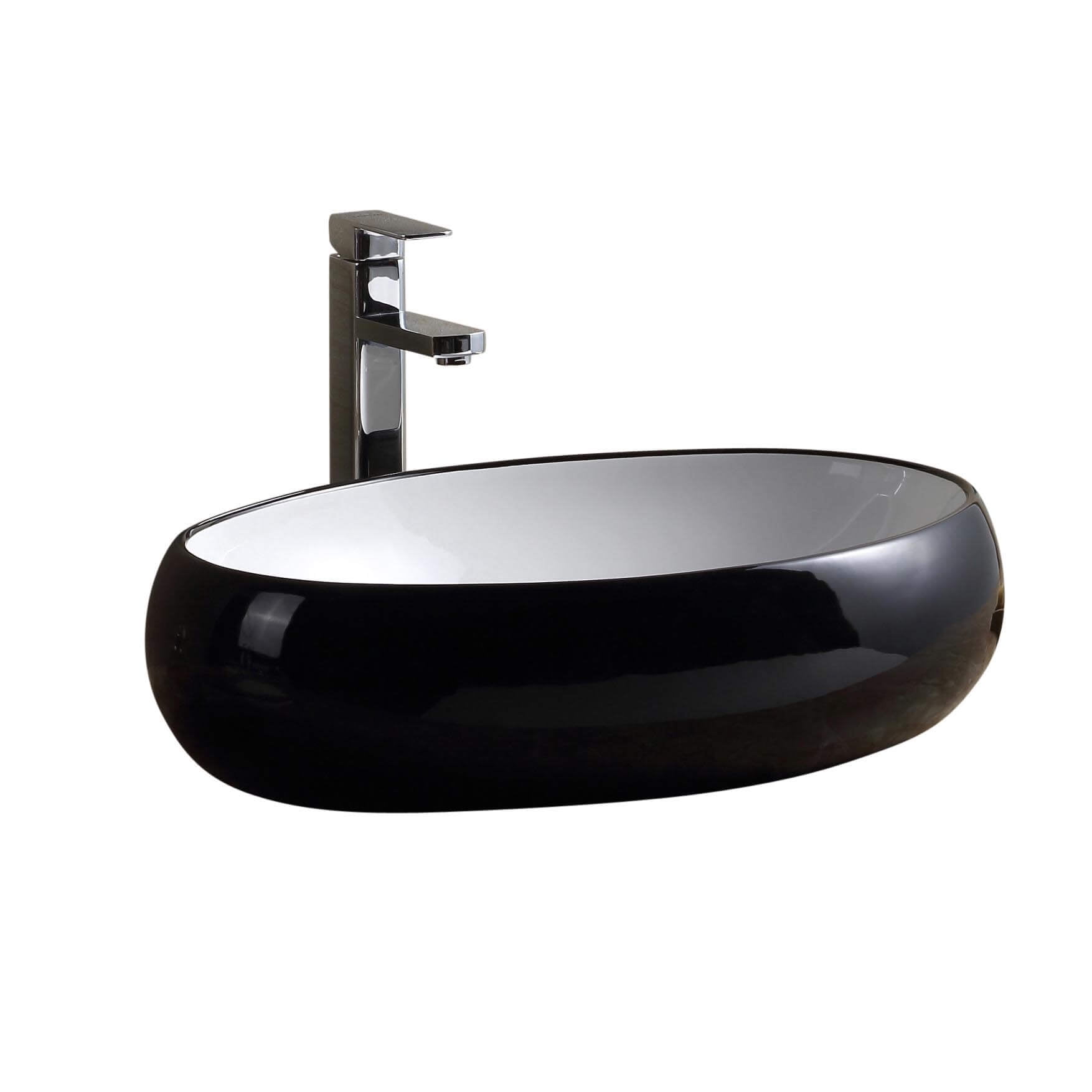 24'' Glossy White and Black Ceramic Oval Vessel Sink