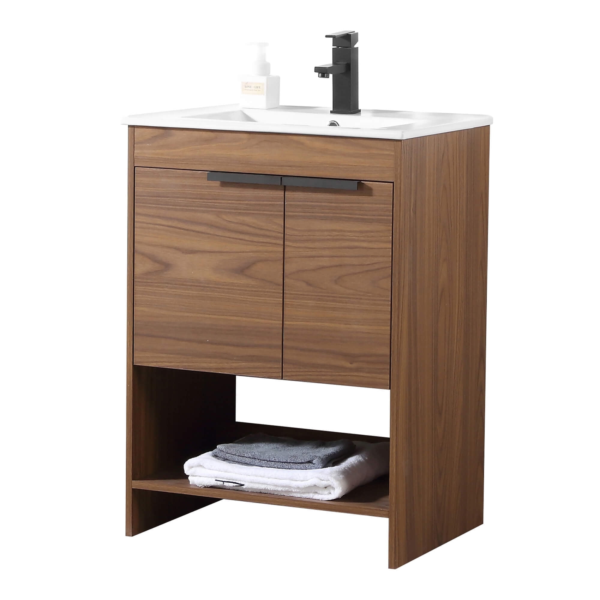 24" Walnut and White Vitreous China Single Bathroom Vanity