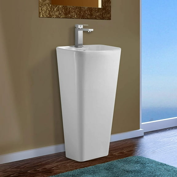 Fine Fixtures Plainfield Pedestal, Elegant One Piece Pedestal Sink, Center Faucet Hole, Vitreous China, White