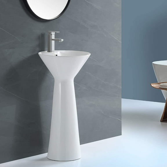 Fine Fixtures Pyramid Pedestal, Elegant One Piece Pedestal Sink, Center Faucet Hole, Vitreous China, White