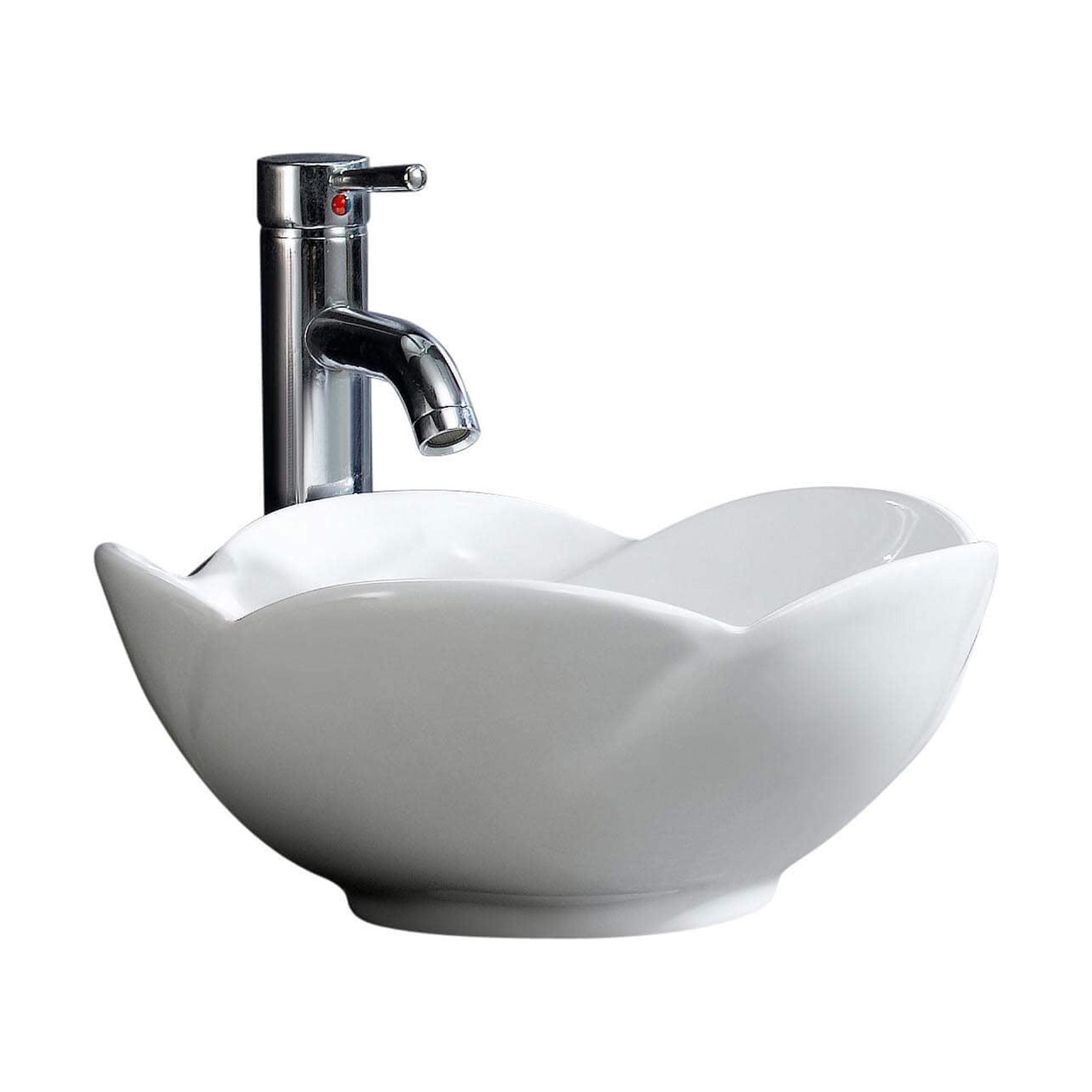 White Ceramic Flower Design Vessel Sink, 22"