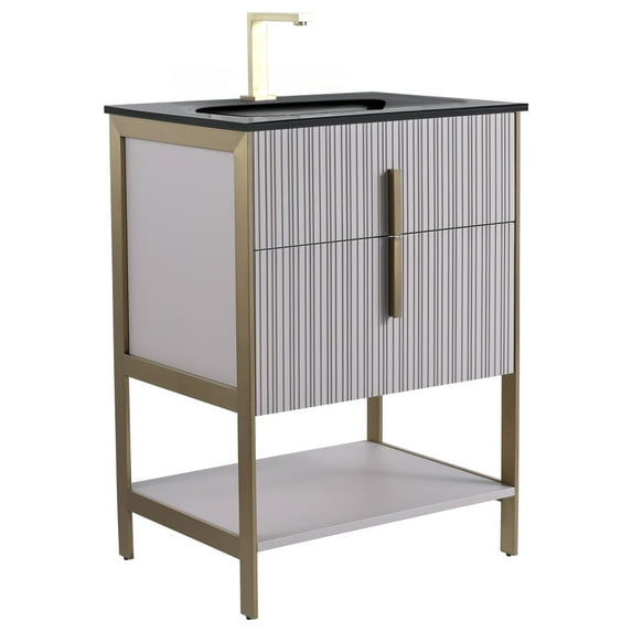 Fine Fixtures Serenity 24 in. W x 18 in. D Bathroom Vanity in Bright Taupe with Glass Single Hole top with Satin Brass Hardware