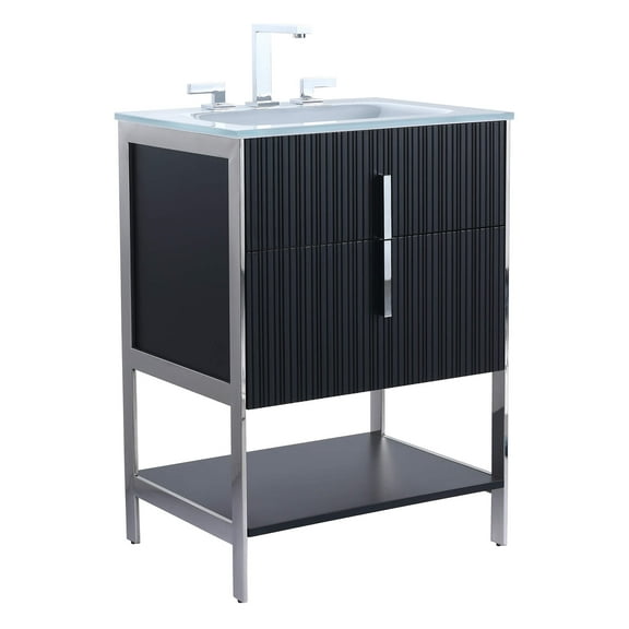Fine Fixtures Serenity 24 in. W x 18 in. D x 33.5 in. H Bathroom Vanity in Black Matte with Glass Sink top with an 8 in. Widespread Faucet Hole with Chrome Hardware