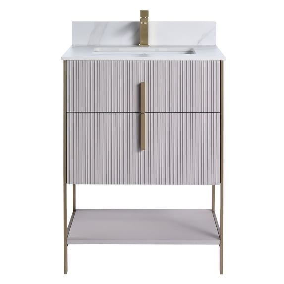 Fine Fixtures Serenity 24 in. W x 18 in. D x 33.5 in. H Bathroom Vanity in Bright Taupe with White Carrara Stone Top in White with Satin Brass Hardware