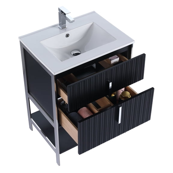 Fine Fixtures Serenity 24 in. W x 18 in. D x 33.5 in. H Bathroom Vanity in Black Matte with Ceramic Sink Top in White with Chrome Hardware