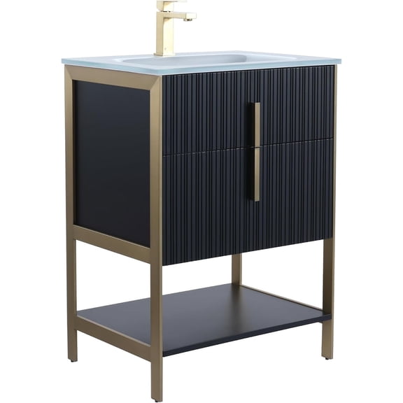 Fine Fixtures Serenity 24 in. W x 18 in. D x 33.5 in. H Bathroom Vanity in Black Matte with Glass Single Hole top with Satin Brass Hardware