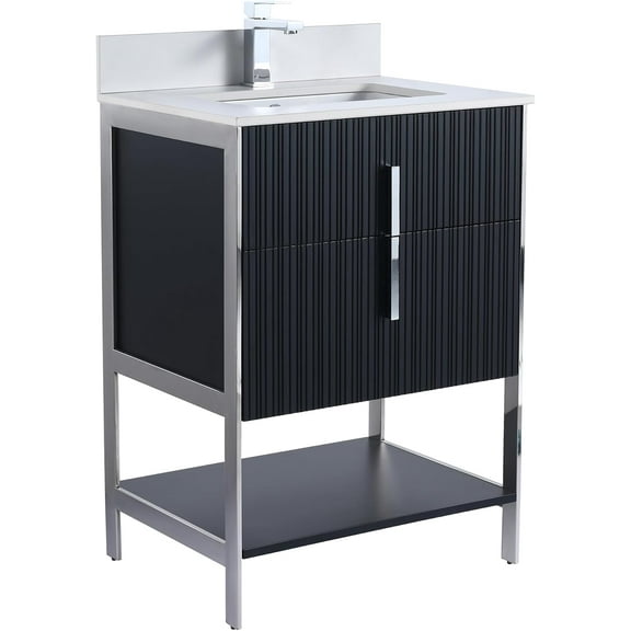 Fine Fixtures Serenity 24 in. W x 18 in. D x 33.5 in. H Bathroom Vanity in Black Matte with White Stone Top in White with Chrome Hardware