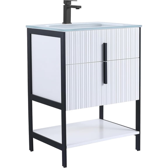 Fine Fixtures Serenity 24 in. W x 18 in. D x 33.5 in. H Bathroom Vanity in White Matte with Glass Single Hole top with Black Hardware