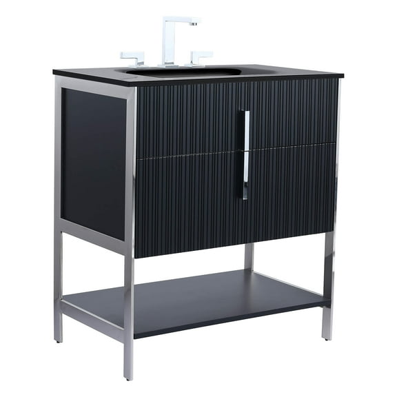 Fine Fixtures Serenity 30 in. W x 18 in. D x 33.5 in. H Bathroom Vanity in Black Matte with Glass 8-inch Hole top with Chrome Hardware