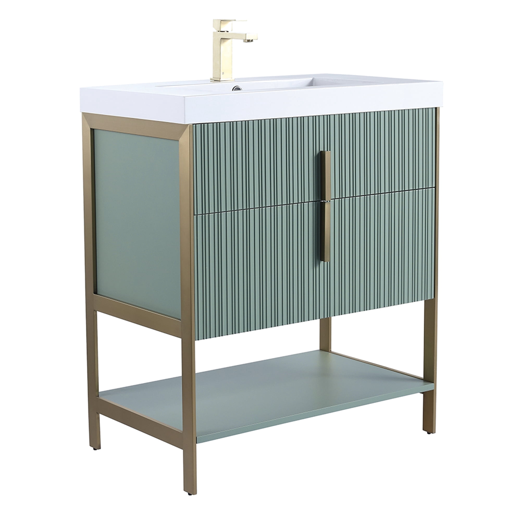 Fine Fixtures Serenity 30 in. W x 18 in. D x 33.5 in. H Bathroom Vanity in Mint Green with White Gel Coated Thick Edge Top with Satin Brass Hardware