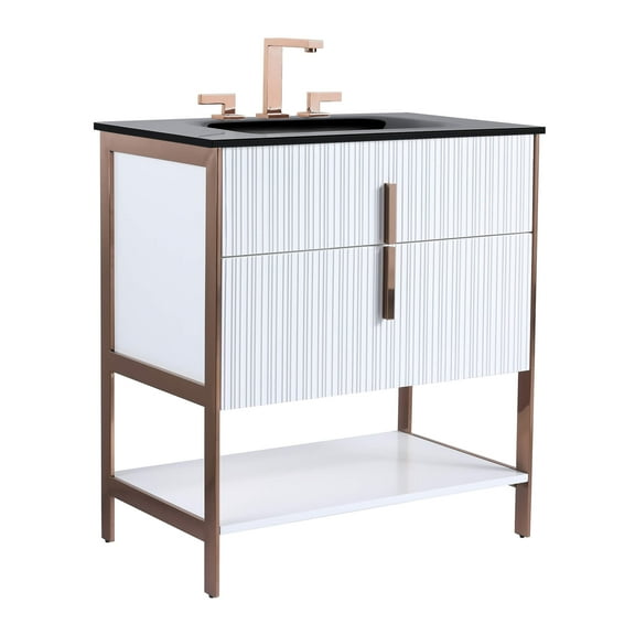 Fine Fixtures Serenity 30 in. W x 18 in. D x 33.5 in. H Bathroom Vanity in White Matte with Glass 8-inch Hole top with Rose Gold Hardware