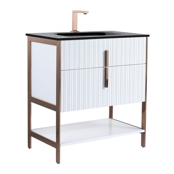 Fine Fixtures Serenity 30 in. W x 18 in. D x 33.5 in. H Bathroom Vanity in White Matte with Glass Single Hole top with Rose Gold Hardware