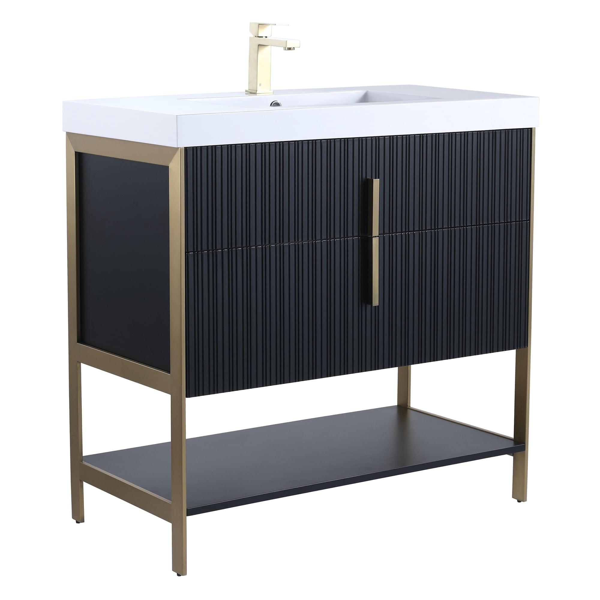 Fine Fixtures Serenity 36 in. W x 18 in. D x 33.5 in. H Bathroom Vanity in Black Matte with White Gel Coated Thick Edge Top with Satin Brass Hardware