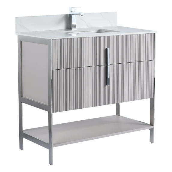 Fine Fixtures Serenity 36 in. W x 18 in. D x 33.5 in. H Bathroom Vanity in Bright Taupe with White Carrara Stone Top in White with Chrome Hardware