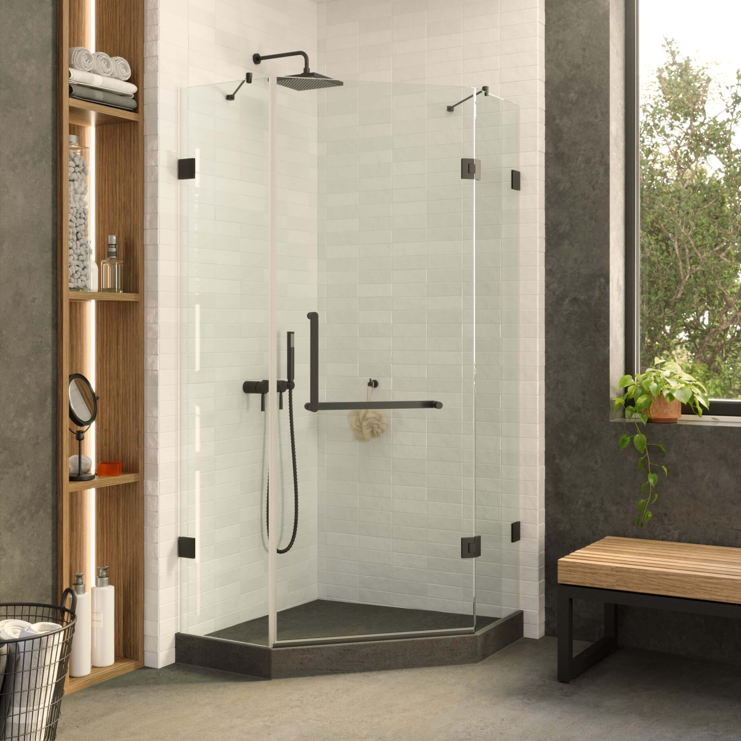 Fine Fixtures Shower Enclosure Neo Angle Frameless Tempered Glass 32" W X 74" H Black Finish