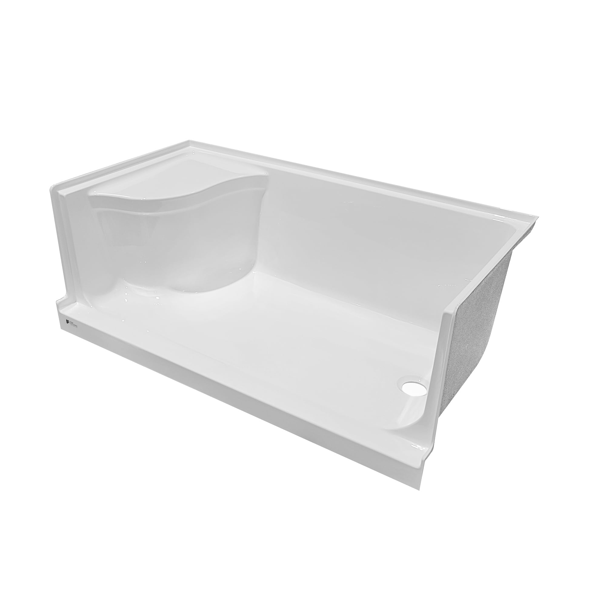 White Acrylic Single Threshold Shower Base with Seat and Right Drain