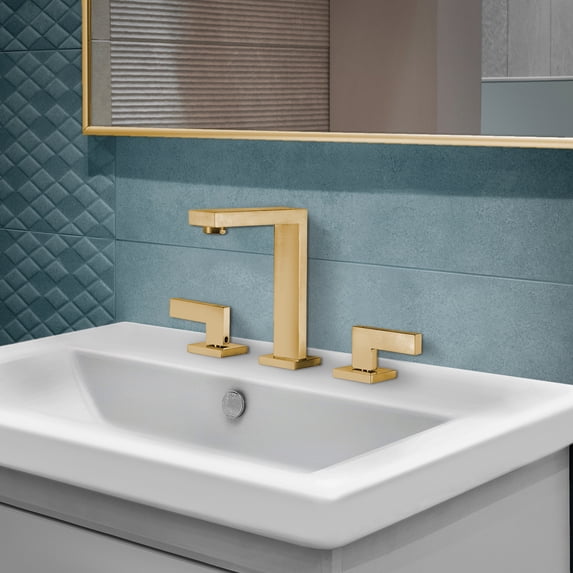 Fine Fixtures Square Bathroom Faucet, 8" Spread, Satin Brass