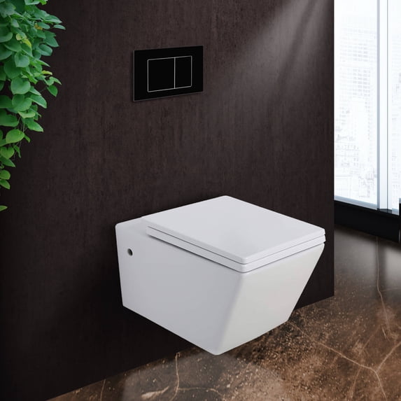 Fine Fixtures Toilet Combo Set - Toilet Bowl With Soft-Close Seat, 2"x 4" Concealed Tank And Carrier System, Push Buttons Included. Black Square -
