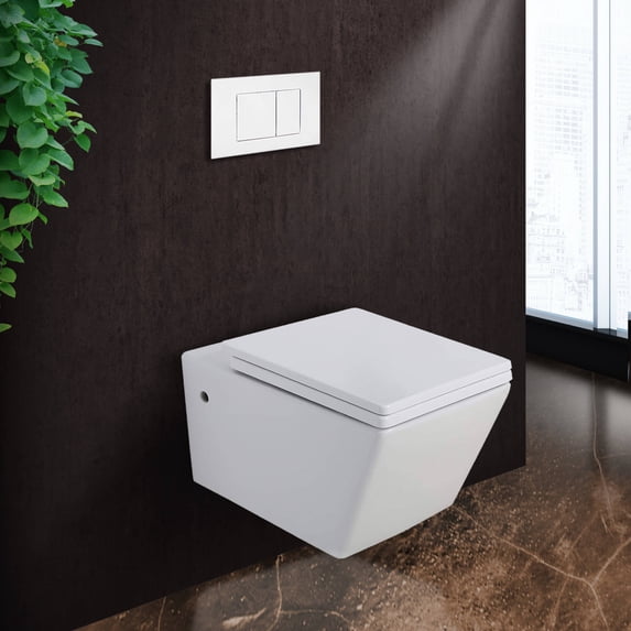 Fine Fixtures Toilet Combo Set - Toilet Bowl With Soft-Close Seat, 2"x 4" Concealed Tank And Carrier System, Push Buttons Included. White Square -