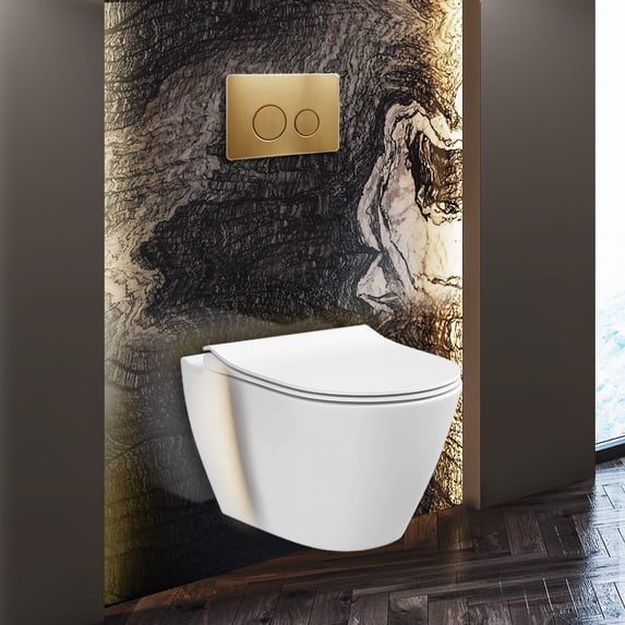 Fine Fixtures Toilet Combo Set - Toilet Bowl With Soft-Close Seat, 2"x 6" Concealed Tank And Carrier System, Push Buttons Included. Satin Brass Round