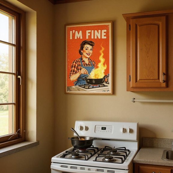 I'M Fine Funny Kitchen Wall Art Printable, Retro Woman Cooking Fire Poster, Vintage Humor Digital Print For Kitchen Or Cafe, Unframed Poster Size 8x12