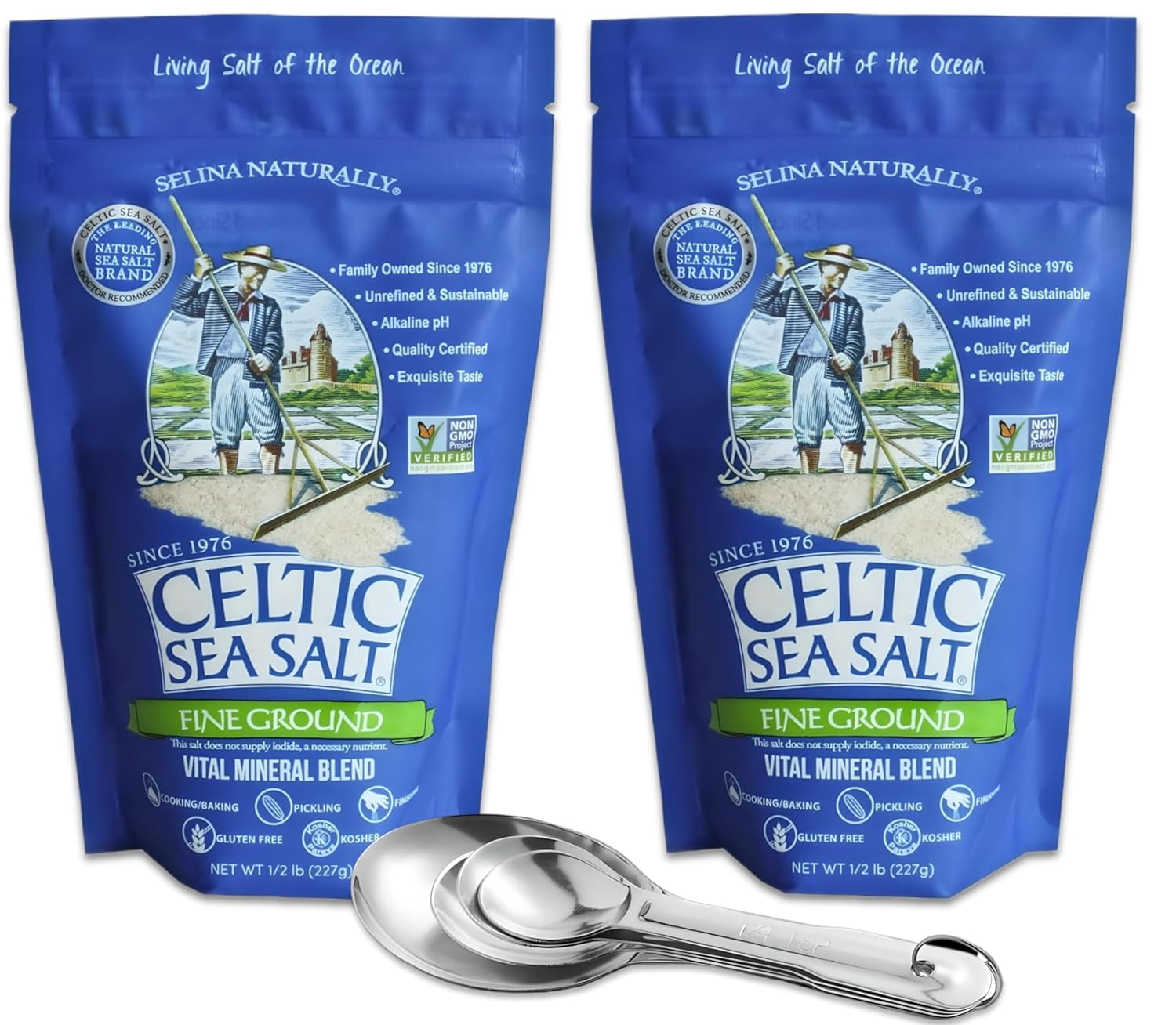 Fine Ground Celtic Sea Salt, 1/2 LB (Pack of 2) | Bundled with Stainless Steel Measuring Spoon Set | Vital Mineral Blend