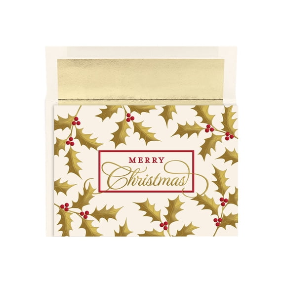 Masterpiece Studios Holiday Collection 15-Count Boxed Embossed Christmas Cards with Foil-Lined Envelopes, 7.8" x 5.6", Christmas Holly & Berries (927000)