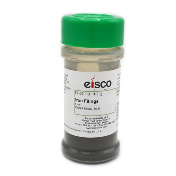 Fine Iron Filings, 100g in Sprinkle Bottle - 40-60 Mesh Iron Shavings for Magnets - Eisco Labs