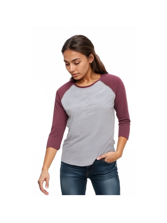 Fine Jersey Baseball Tshirt for Womens 3/4 Length Sleeve Tee Tops, Vintage Heather/Vintage Burgundy, M