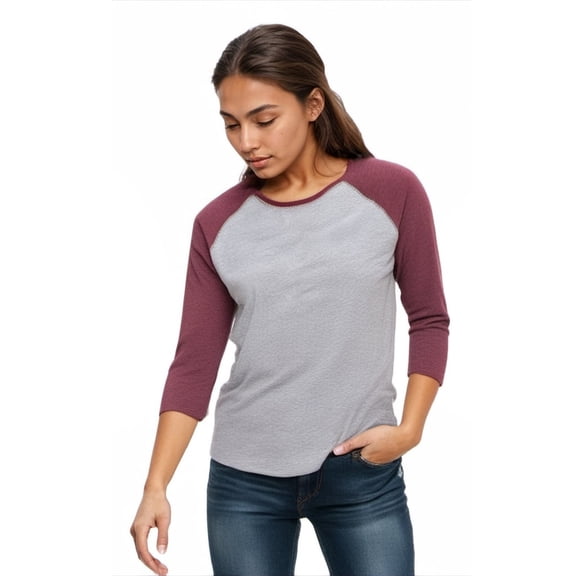 Fine Jersey Baseball Tshirt for Womens 3/4 Length Sleeve Tee Tops, Vintage Heather/Vintage Burgundy, S