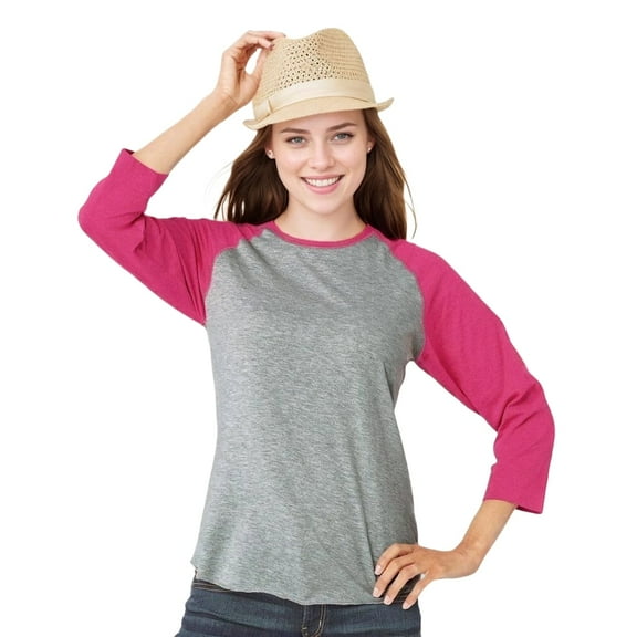 Fine Jersey Baseball Tshirt for Womens 3/4 Length Sleeve Tee Tops, Vintage Heather/Vintage Hot Pink, L