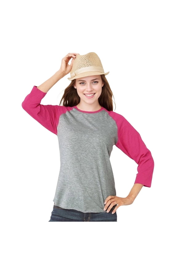 Fine Jersey Baseball Tshirt for Womens 3/4 Length Sleeve Tee Tops, Vintage Heather/Vintage Hot Pink, XL