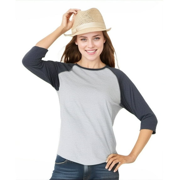 Fine Jersey Baseball Tshirt for Womens 3/4 Length Sleeve Tee Tops, Vintage Heather/Vintage Navy, M