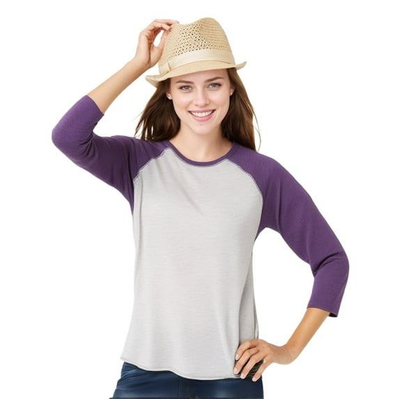 Fine Jersey Baseball Tshirt for Womens 3/4 Length Sleeve Tee Tops, Vintage Heather/Vintage Purple, M