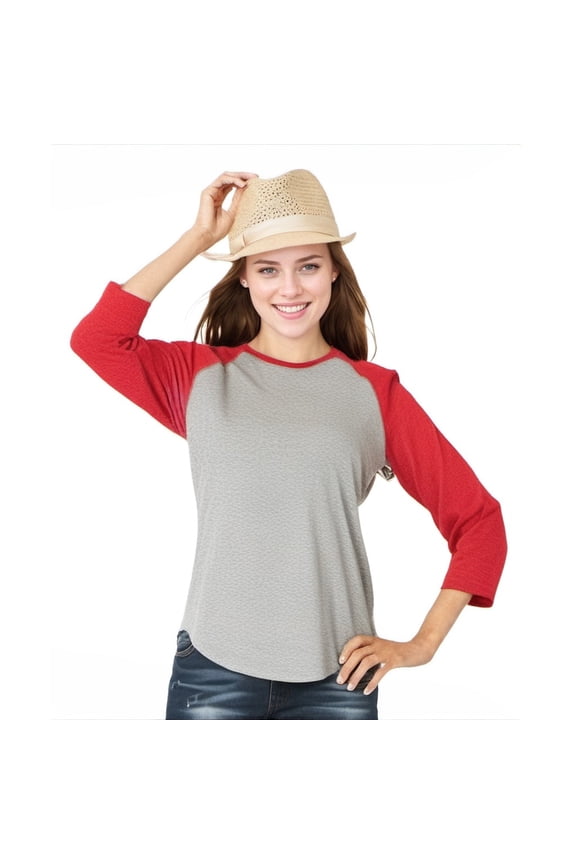 Fine Jersey Baseball Tshirt for Womens 3/4 Length Sleeve Tee Tops, Vintage Heather/Vintage Red, 2XL