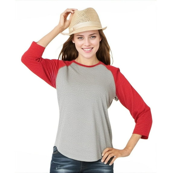 Fine Jersey Baseball Tshirt for Womens 3/4 Length Sleeve Tee Tops, Vintage Heather/Vintage Red, XL