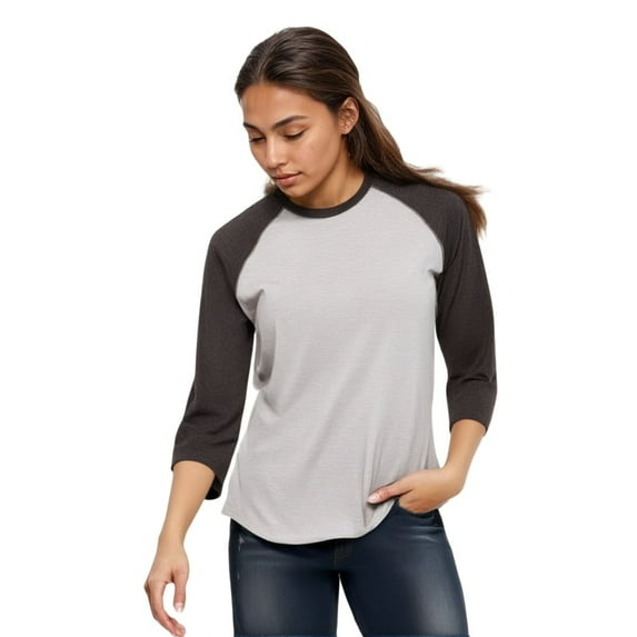 Fine Jersey Baseball Tshirt for Womens 3/4 Length Sleeve Tee Tops, Vintage Heather/Vintage Smoke, M