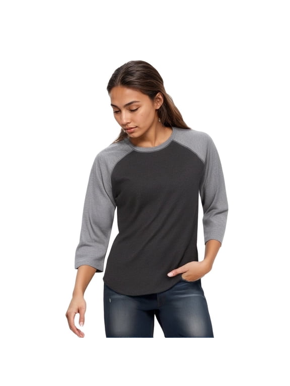 Fine Jersey Baseball Tshirt for Womens 3/4 Length Sleeve Tee Tops, Vintage Smoke/Granite Heather, L