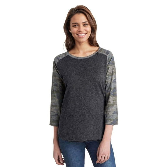 Fine Jersey Baseball Tshirt for Womens 3/4 Length Sleeve Tee Tops, Vintage Smoke/Vintage Camo, M