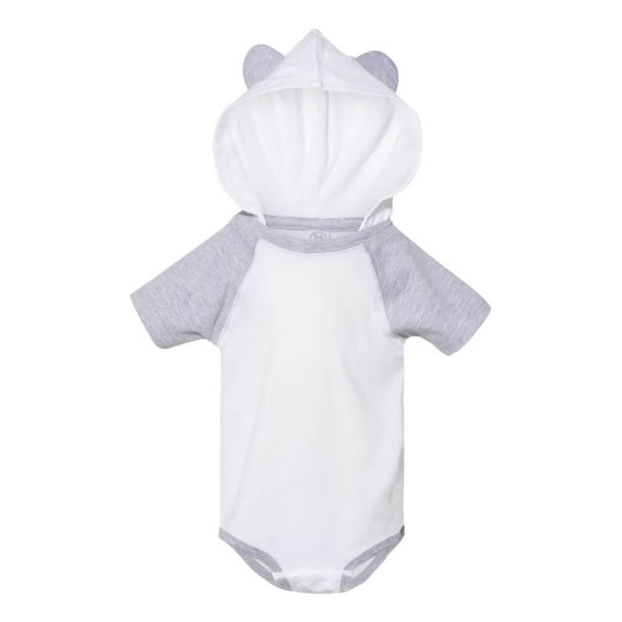 Fine Jersey Infant Short Sleeve Raglan Bodysuit with Hood & Ears , Blended White / Vintage Heather , 12M