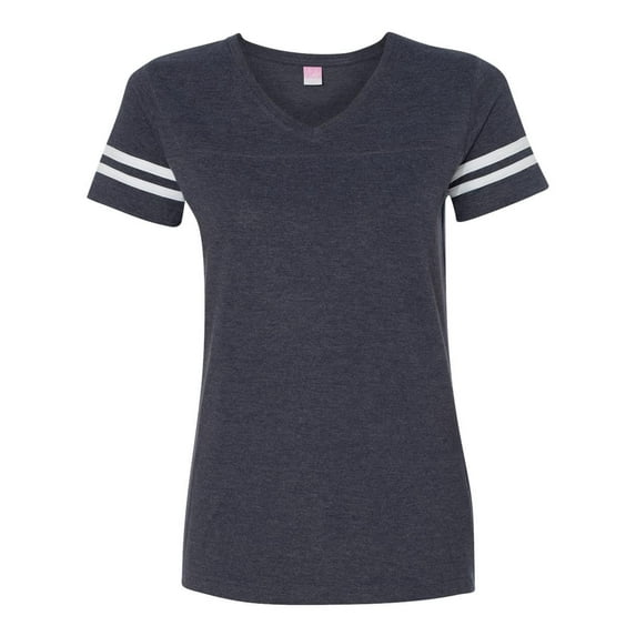 Fine Jersey V-Neck Short Sleeve Footbal T-Shirt for Women , White / Vintage Navy , M