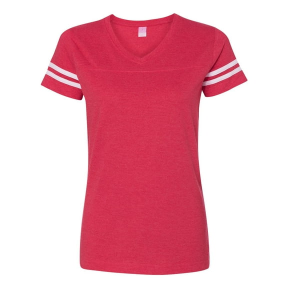 Fine Jersey V-Neck Short Sleeve Footbal T-Shirt for Women , White / Vintage Red , 2XL