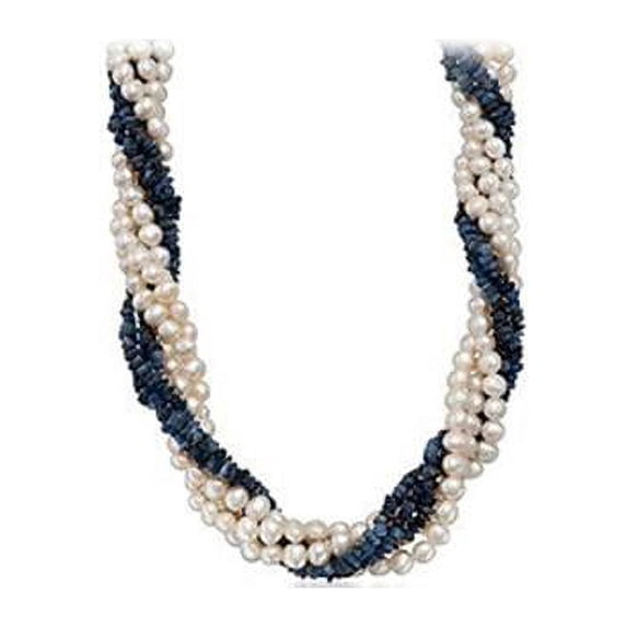 Fine Jewelry Vault UBNKBK7090Y14FWWHS Created Sapphire and Cultured Freshwater Pearl Strand Necklace with Yellow Gold Filled Clasp