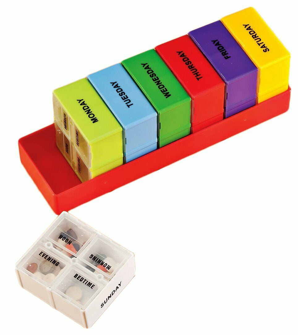 Fine Life Products 7-Day Color Coded 4 Dosage Deep Compartment Pill Organizer Great for Pills and Vitamins, Red Tray