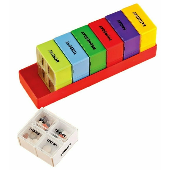 Fine Life Products 7-Day Color Coded 4 Dosage Deep Compartment Pill Organizer Great for Pills and Vitamins, Red Tray