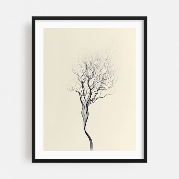Fine Line Tree Art - Line Drawing Minimalist Line Art Abstract Black and White Nature Modern Art Surrealism Black Framed Wall Art Print 6 x 8 inches